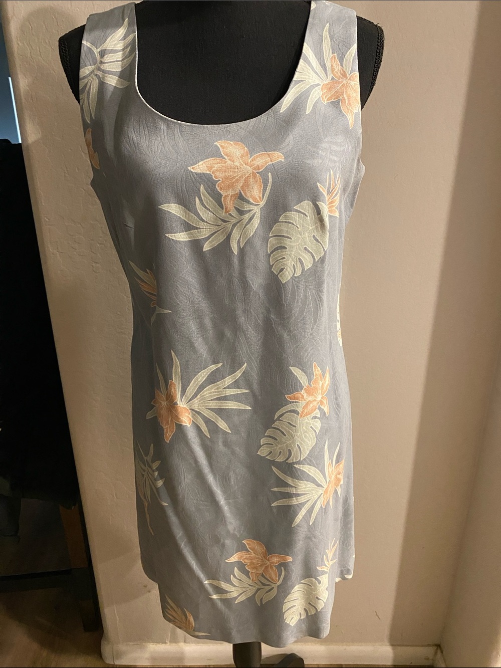 LUAU 100 Silk Scoop Neck Floral Print Shift Dress - Light Blue with Peach Accent
